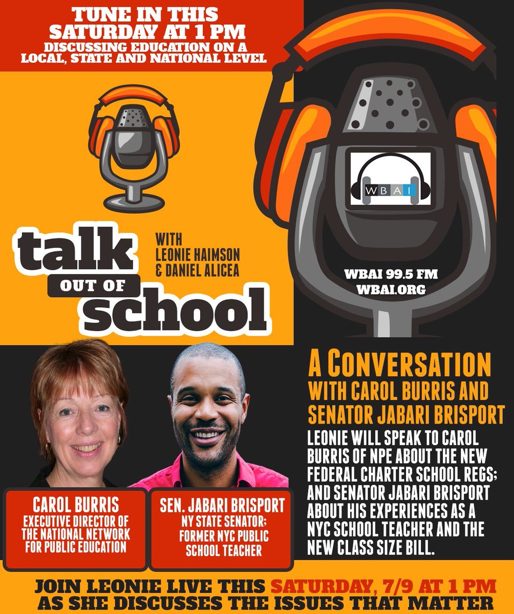 leoniehaimson's tweet image. Be sure to join us TODAY for #TalkoutofSchool at 1 PM EST @WBAI on minimizing charter school fraud &amp;amp; waste with @carolburris @network4pubEd &amp;amp; NY Sen. @JabariBrisport on his experiences as a NYC teacher &amp;amp; how parents can help ensure #classsize bill is signed by @GovKathyHochul