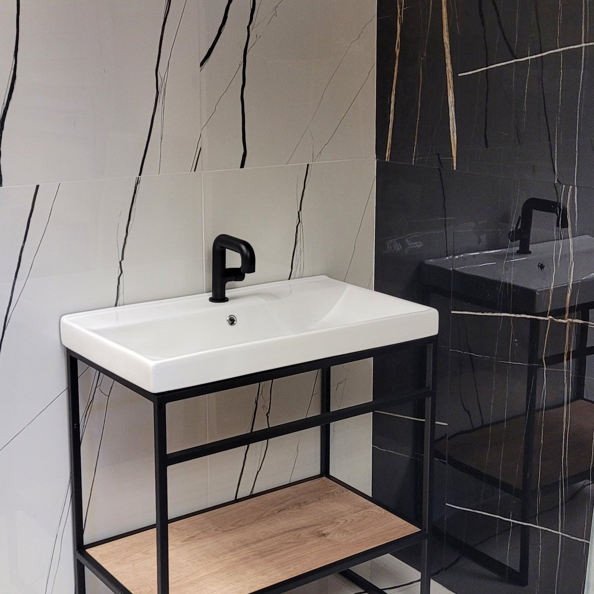 We are so Happy with our latest display Featuring a Marble effect Porcelain tile with Modern Wash Basin and Contemporary Stand 😁