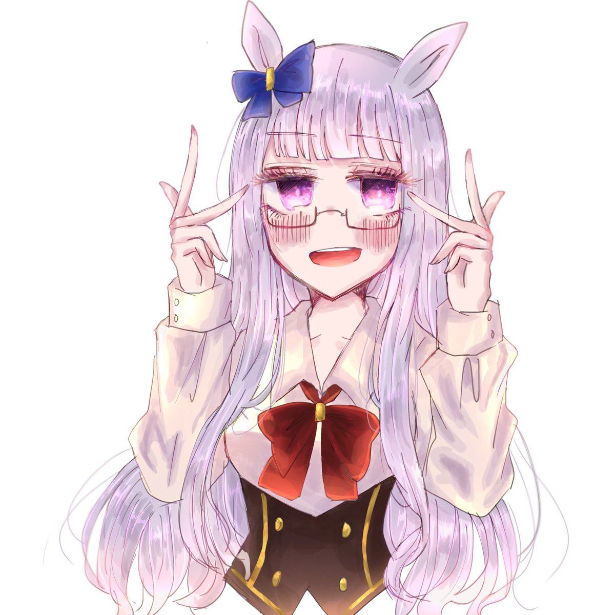 1girl animal ears horse ears solo long hair glasses bow  illustration images