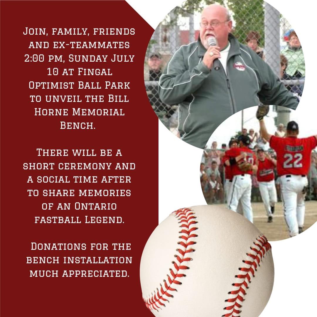 Bill Horne Memorial bench dedication 2pm tomorrow at Fingal Ball Park.
Family and friends welcome. Informal celebration and refreshments to follow.