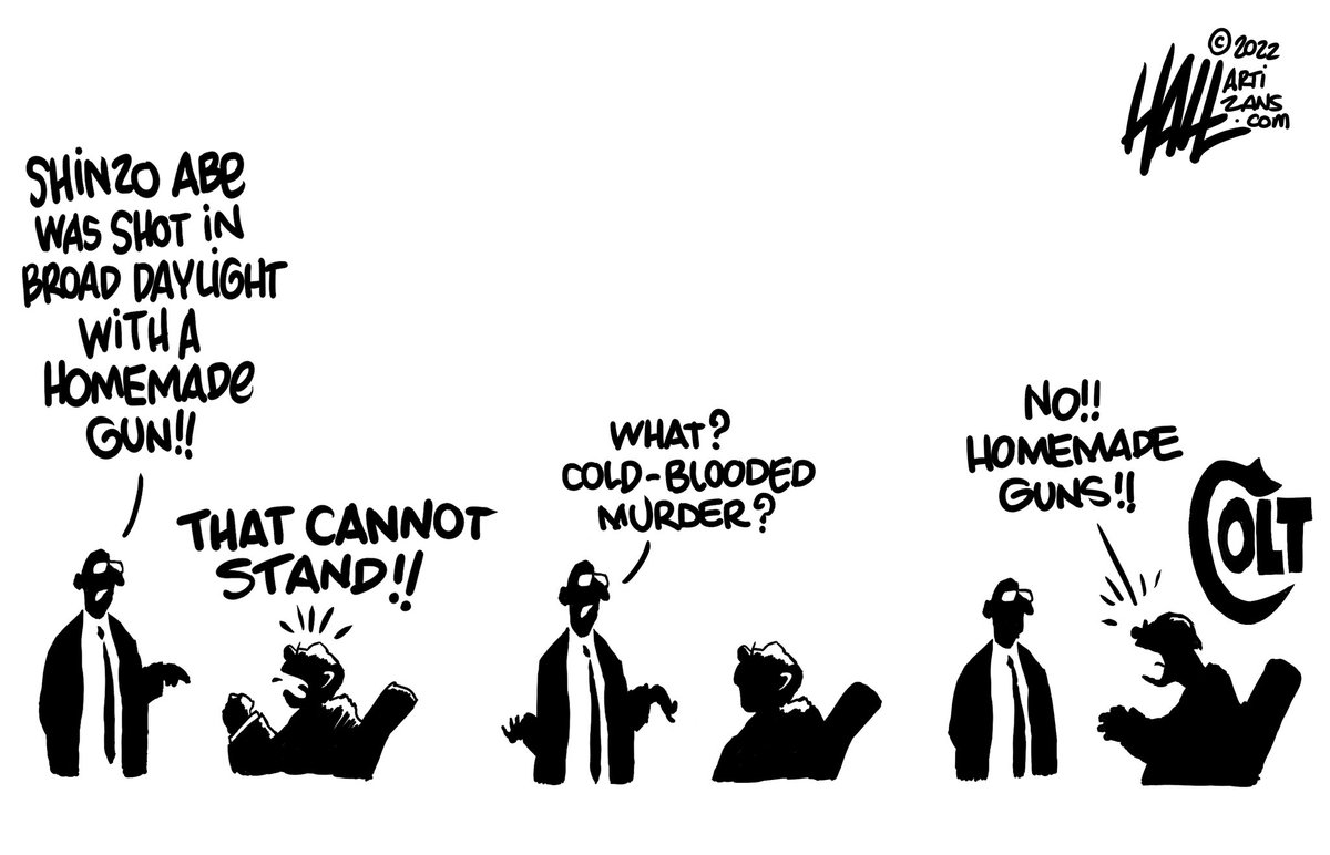 halltoons's tweet photo. Weekend lines. America is broken. #ShinzoAbe #Japan #guns #homemadegun #Assassination #gunmakers #greed #NRA @JudyWoodruff @Acosta @AprilDRyan @CapehartJ @jimsciutto @1mimi4ever @LisaDNews @MaggieJordanACN @Yamiche @jaketapper @co_rapunzel4 https://t.co/ihgXTfmkxf