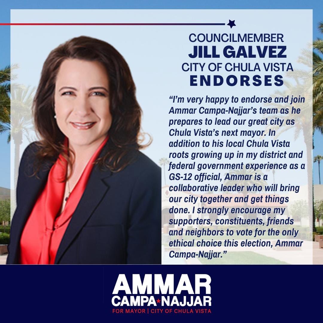 KEY ENDORSEMENT 🚨 Grateful to have follow mayoral candidate and councilwoman Jill Galvez’s gracious endorsement! The long primary campaign is over, and I look forward to working very hard with the councilwoman to win in November with a mandate from Chula Vista voters to lead.
