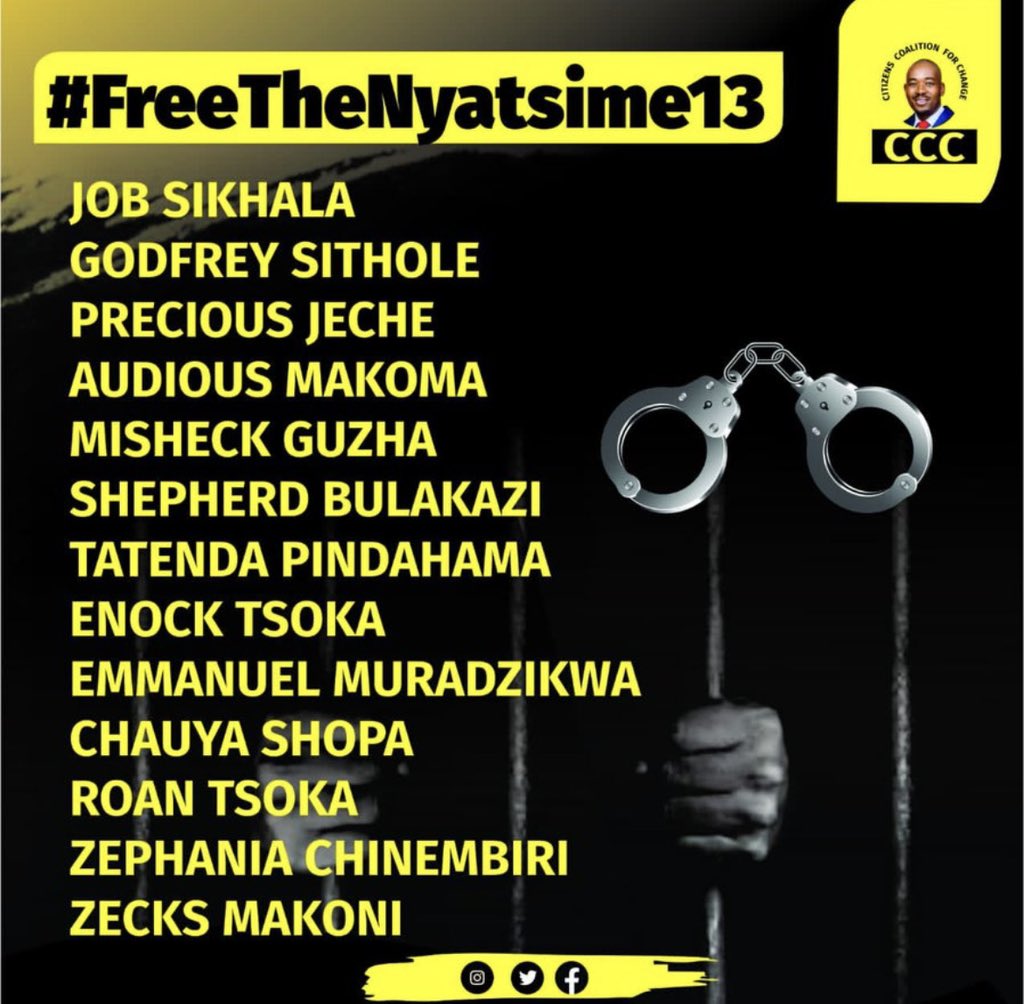 advocatemahere's tweet image. 🟡The hardest part about being in jail is the fear that the outside world might forget you. I’ve been there. My small ask to everyone is to please retweet this graphic. You don’t have to say much. Just tweet it. We must say the names of those jailed unjustly. #FreeTheNyatsime13