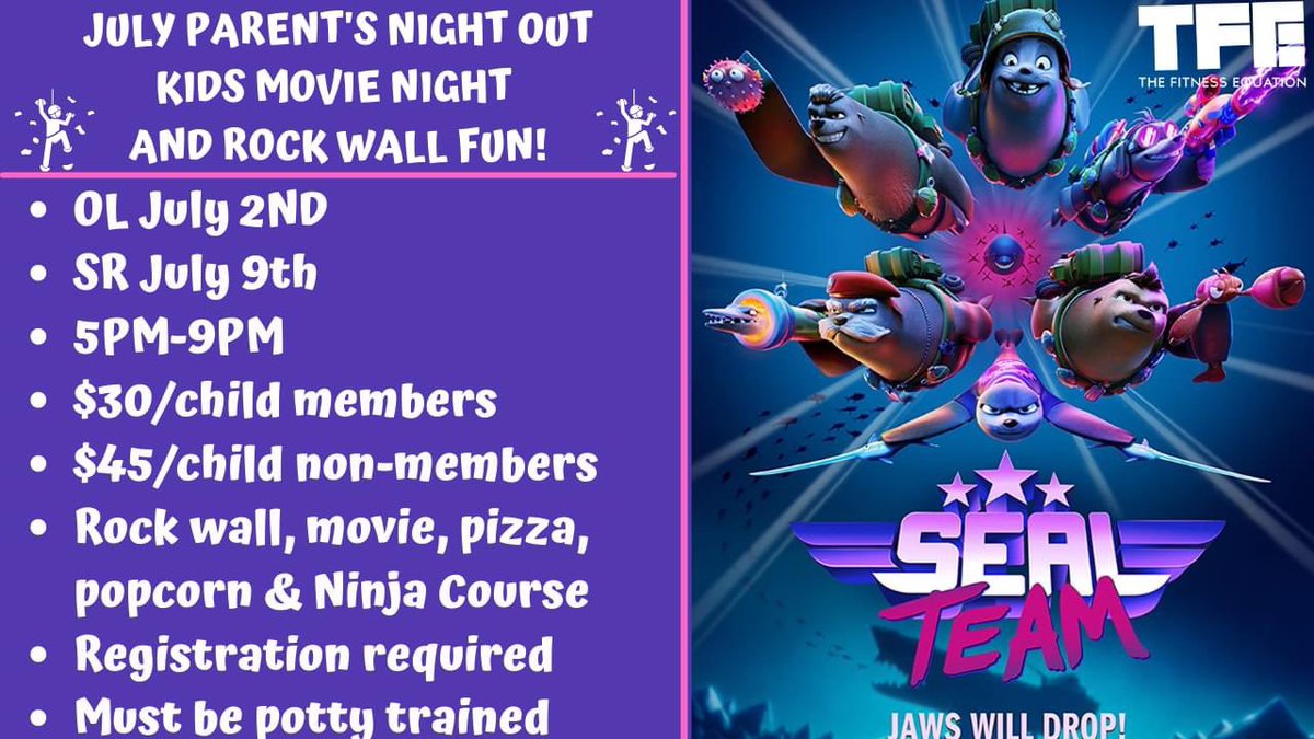 TFEquation's tweet image. Need a date night?🍾
Parent’s Night Out is from 5pm - 9pm every Saturday in July. We offer 2 different movies each month &amp;amp; rotate locations. Event includes rock wall time, Ninja Warrior course, movie, pizza &amp;amp; popcorn! Kids must be potty trained. Registration required.