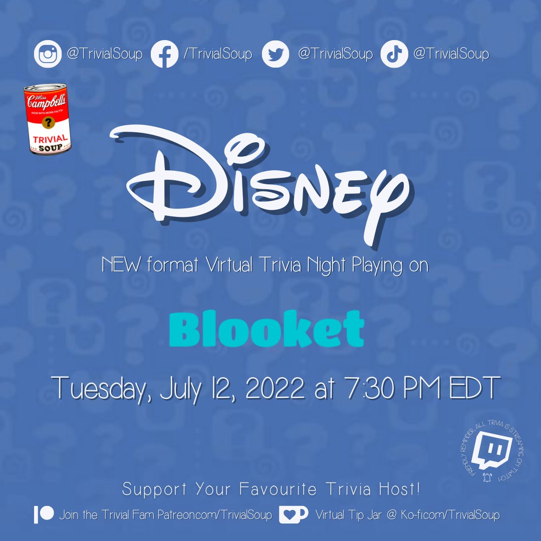 TrivialSoup's tweet photo. We are going to try a new format of trivia! Join me Tuesday, July 12th for a bonus trivia we're going to test out #Blooket!
#TrivialSoup #Trivia #NerdTrivia #VirtualTrivia #DisneyAddict #DisneyNerd #DisneyPrincess #DisneyLife #DisneyMovies #DisneyisLove #DisneyGram https://t.co/IjQRUMD8Zi