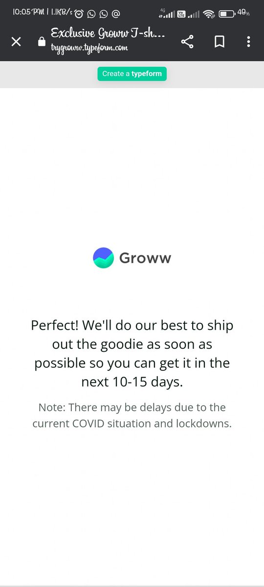 Setusweeta64's tweet photo. I really enjoyed trading on Groww. I searched on Google and I found Groww Tshirts really really nice and cool! I immediately filled the form and got this confirmation page on 5th June, 22. But I didn't received my tshirt yet! :( @_groww Kindly help me to get the t-shirt. Please! https://t.co/qcrlbB0p4H