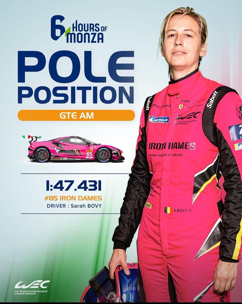 insider_motori's tweet photo. #Motorsport : prendiamoci un solo momento per ammirare l'impresa di oggi. Nel #WEC a fare la pole position è stata una vettura speciale: la Iron Dames di Sarah #Bovy , una #Ferrari con team totalmente femminile, ha fatto la pole oggi nella GTE Am ed entra nella storia 🌶️ https://t.co/2NADa9pehR