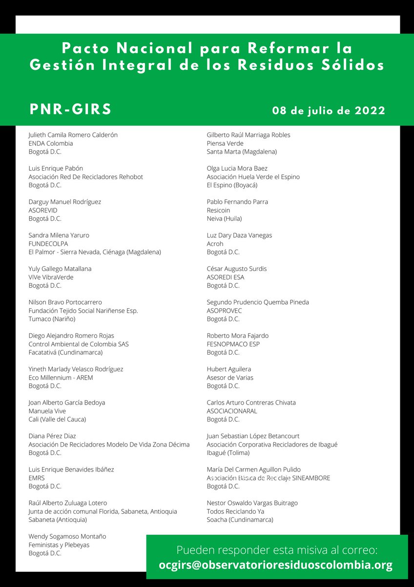 ocgirs's tweet photo. Misiva a @susanamuhamad @CATALINAVELASCO 
@CeciliaLopezM  del Pacto Nacional para Reformar la Gestión Integral de los Residuos Sólidos #PNRGIRS, una alianza de organizaciones de la sociedad civil, expertos(as) en residuos, emprendimientos y organizaciones de recicladores(as). https://t.co/CkCTyDbAoX