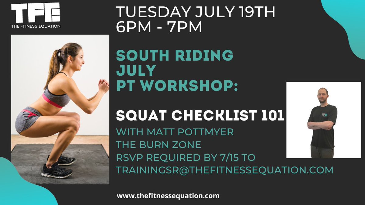 TFEquation's tweet image. South Riding PT Workshop: Squat Checklist 101. How's Your Squat? 7/19 at 6 pm in the Burn Zone w/ Trainer Matt Pottmyer. Workshop is geared toward beginners to understand the fundamentals of a proper squat. RSVP Required by 7/15 to trainingsr@thefitnessequation.com