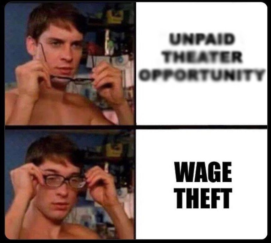 99Blacklist's tweet photo. Seeing a #LAThtr show this weekend? Odds are the artists aren’t being paid by the theater and that’s a crime called #wagetheft.
Tell the box office you don’t support theaters that break the law, and ask for a full refund!
#WeWereNeverVolunteers
#LAtheatre #HFF22
#ChangeFor99 https://t.co/PiW3v1acm5