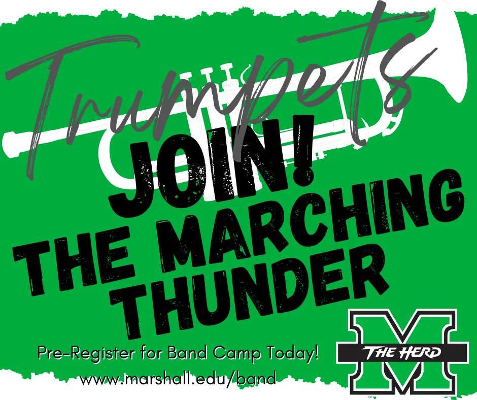 marshallubands's tweet photo. Don't miss your opportunity to be involved!
All trumpet players - pre-register for the Marching Thunder band camp today!
Be a part of the Thunder!
https://t.co/yze9ZA9Ikf
#marchingthunder
#wesoundasone
#marshallubands https://t.co/Yi0RL2USzF