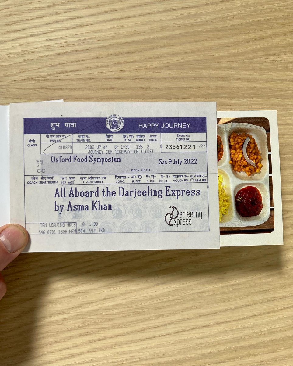 JakeTilson's tweet photo. Can't resist designing a ticket/menu: 
All Aboard the Darjeeling Express
by Asma Khan for @OxfordFoodSymp
@Asma_KhanLDN
#OxfordFood22
#PortableFood https://t.co/Jj62CTorot