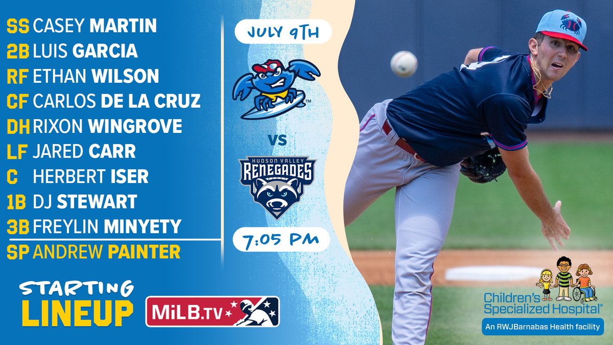 BlueClaws's tweet photo. Andrew Painter's first BlueClaws home start tonight, 7:05! Here's the @RWJBarnabas BlueClaws Lineup - #GoClaws! https://t.co/dJaKxgwa12