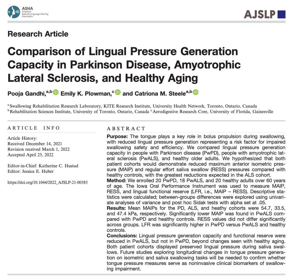 ArnavAgarwalMD's tweet photo. How do lingual pressure generation capacities compare in people with Parkinson disease, amyotrophic lateral sclerosis &amp; healthy older adults? 

✨ Out in @ASHAWeb's #AJSLP this week, @PoojaGandhiSLP, @emplowman &amp; @SwallowRehab have an answer. #SLPresearch

https://t.co/RUiwbo1M4K https://t.co/0uNxIJS3kN