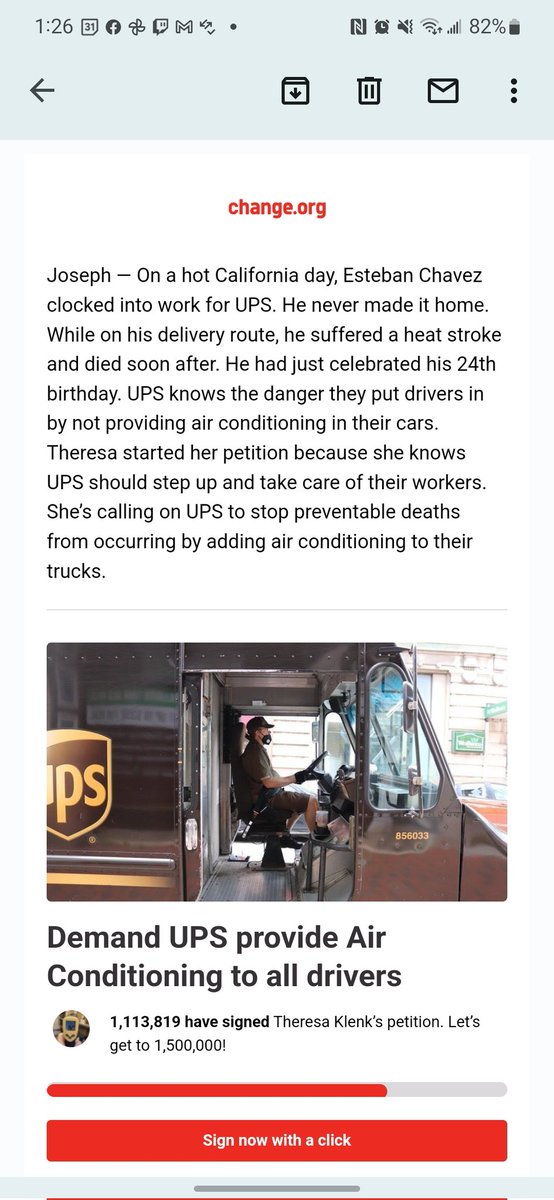 joebean899's tweet photo. Having worked at ups I know the conditions they work in. It is totally possible to drink enough water and take rests when you need to. Signing this will rase the price of shipping. https://t.co/CN2sZz2C6J