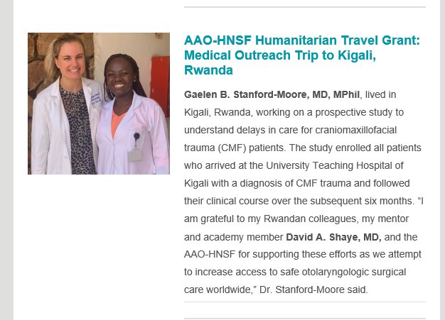 Excited to have our project in Rwanda highlighted in the <a href="/AAOHNS/">AmAcadOtolaryngology</a> bulletin this month. 
Take home message: delays to care for CMF trauma increased complication rates and were primarily due to lack of supplies, OR time and a need for surgeons.

bulletin.entnet.org/home/article/2…