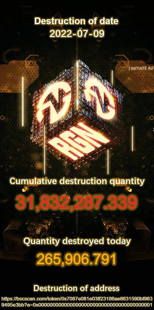 🔥 #RadiantGlory Token (RGN) Destruction Update 🔥

🔸 Date: 07-09-2022
🔸 Quantity destroyed today: 265,684.071
🔸 Cumulative destruction quantity: 31,832,287.339

📍 $RGN destruction address: bscscan.com/token/0x7087e0…