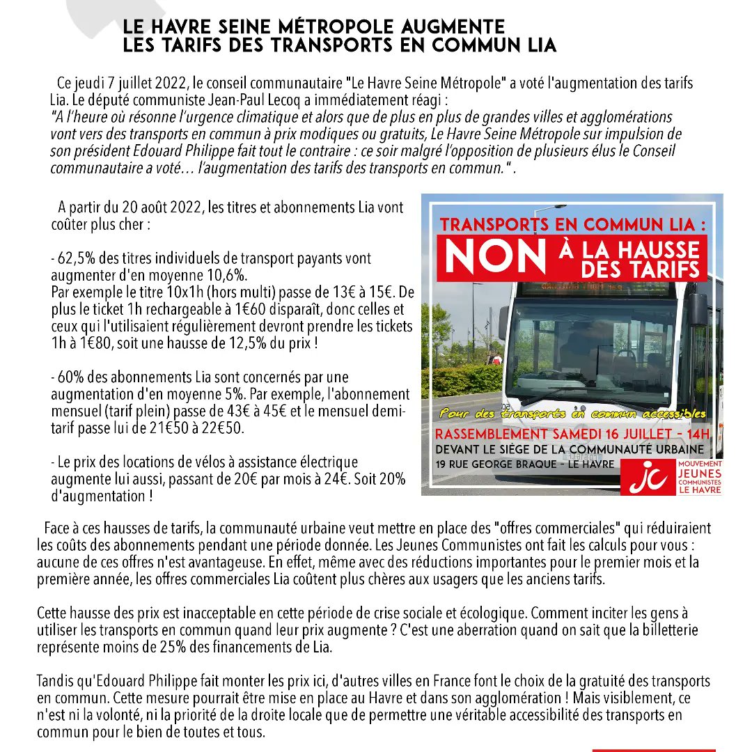 Non à la hausse des prix des transports en commun au Havre et dans l'agglo !
