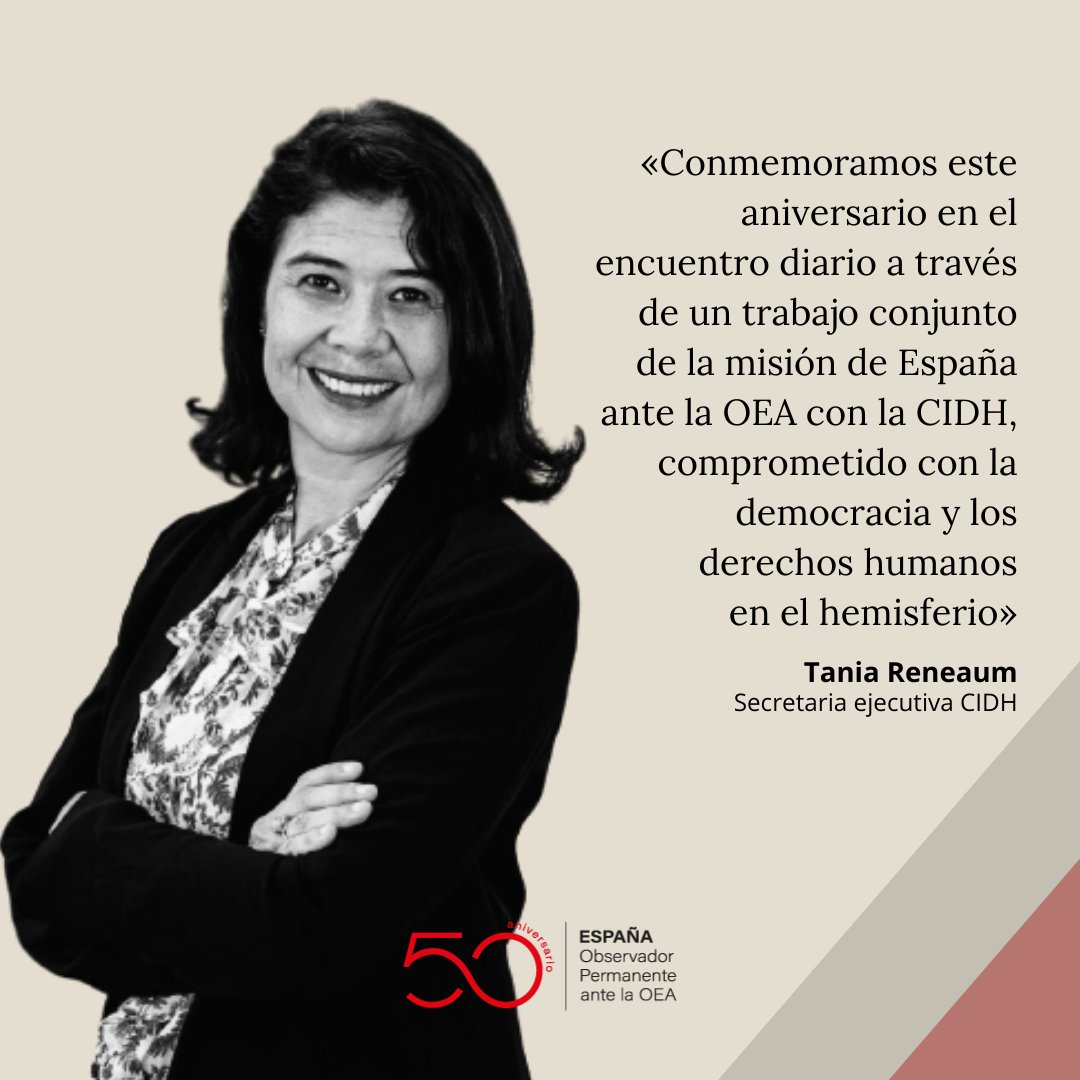 EspOEA's tweet photo. "Conmemoramos este aniversario en el encuentro diario a través de un trabajo conjunto  de la Misión de #España ante la OEA con la CIDH, comprometido con la democracia y los derechos humanos en el hemisferio" @TaniaReneaum, Secretaria Ejecutiva @CIDH #OEA.

#50añosEspañaOEA https://t.co/R9R5N3m8H8