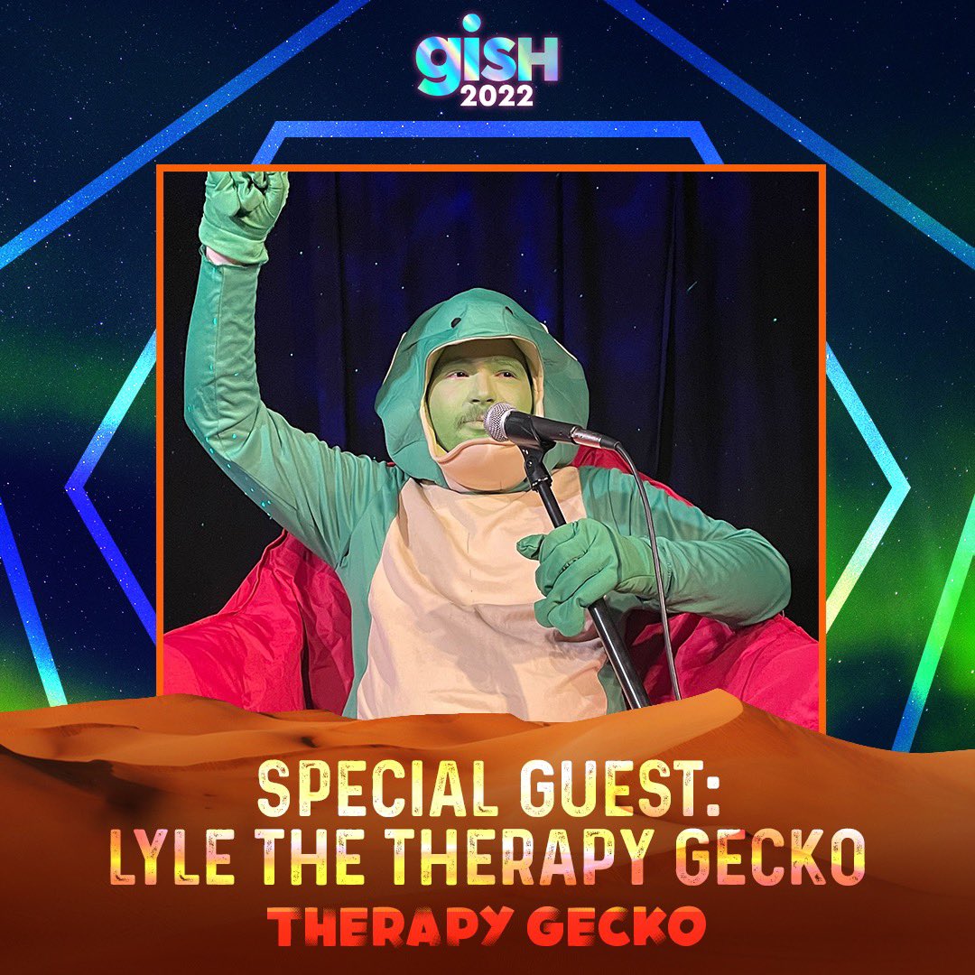 GISH's tweet photo. Gecko? Therapist? Neither? Both? Lyle the Therapy Gecko travels the universe talking to strangers about absolutely nothing! We’re thrilled to announce Lyle is joining #GISH 2022 for a conversation about everything! You’ve never met a more empathetic 🦎: https://t.co/mZa0lvrSD8 https://t.co/cVtsU5WD91