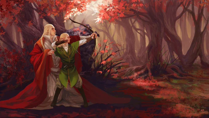 Thranduil enseña a un joven Legolas a usar el arco.

🎨Magnus Kervalen 
