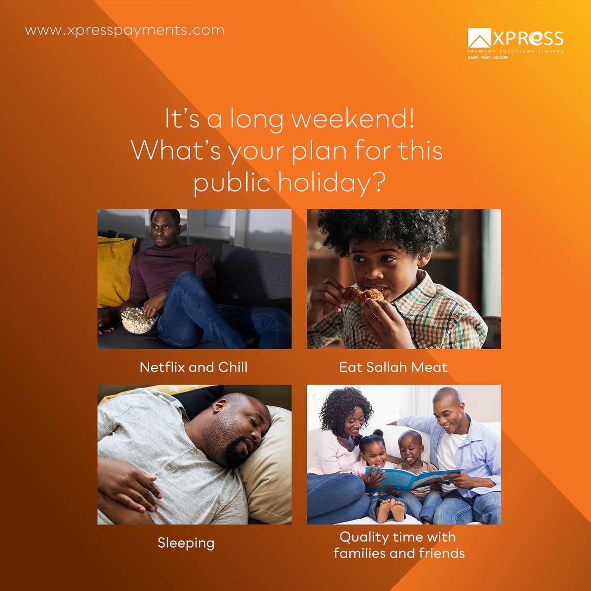 Xpresspayments's tweet photo. Long weekend! What's your plan?
With the incessant rain, option c may seem attractive but resist the urge.
There won't be another public holiday till October.
#xpresspayment #publicholiday https://t.co/S6SjI6Yvjv