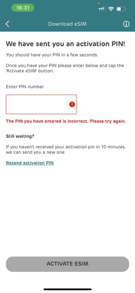 turnipeater's tweet photo. @EE I requested an esim and have downloaded it to my phone but none of the sms codes you send me to activate it are being accepted. Please can you help? https://t.co/9z9CFIU5qm