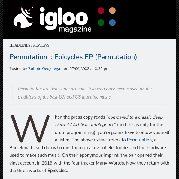 Permutation_BCN's tweet photo. Igloo Magazine @igloomag wrote an encouraging review of our new EP, Epicycles! 🎶🙏

"Permutation are true sonic artisans, two who have been raised on the traditions of the best UK and US machine music." ~Robbie G. https://t.co/9mIkWekUk5