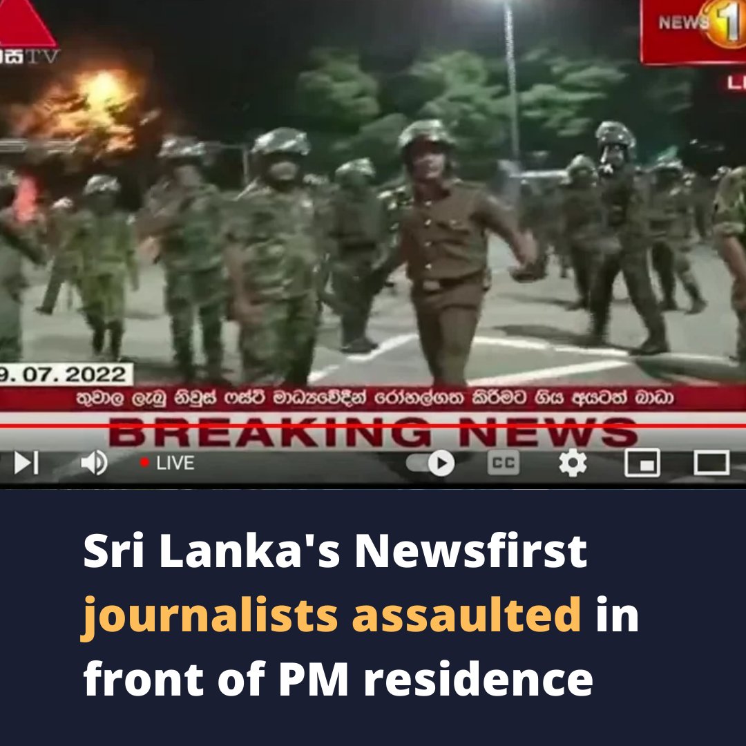economynext's tweet photo. #SriLanka's @NewsfirstSL journalists assaulted in front of PM residence

#PrimeMinister #EconomicCrisisLK #GoHomeGota #Aragalaya #FlowerRoad #Colombo #July9 #CountryToColombo @RW_UNP #Ranil
https://t.co/AjWZn5AOyw https://t.co/DsE76izqo6