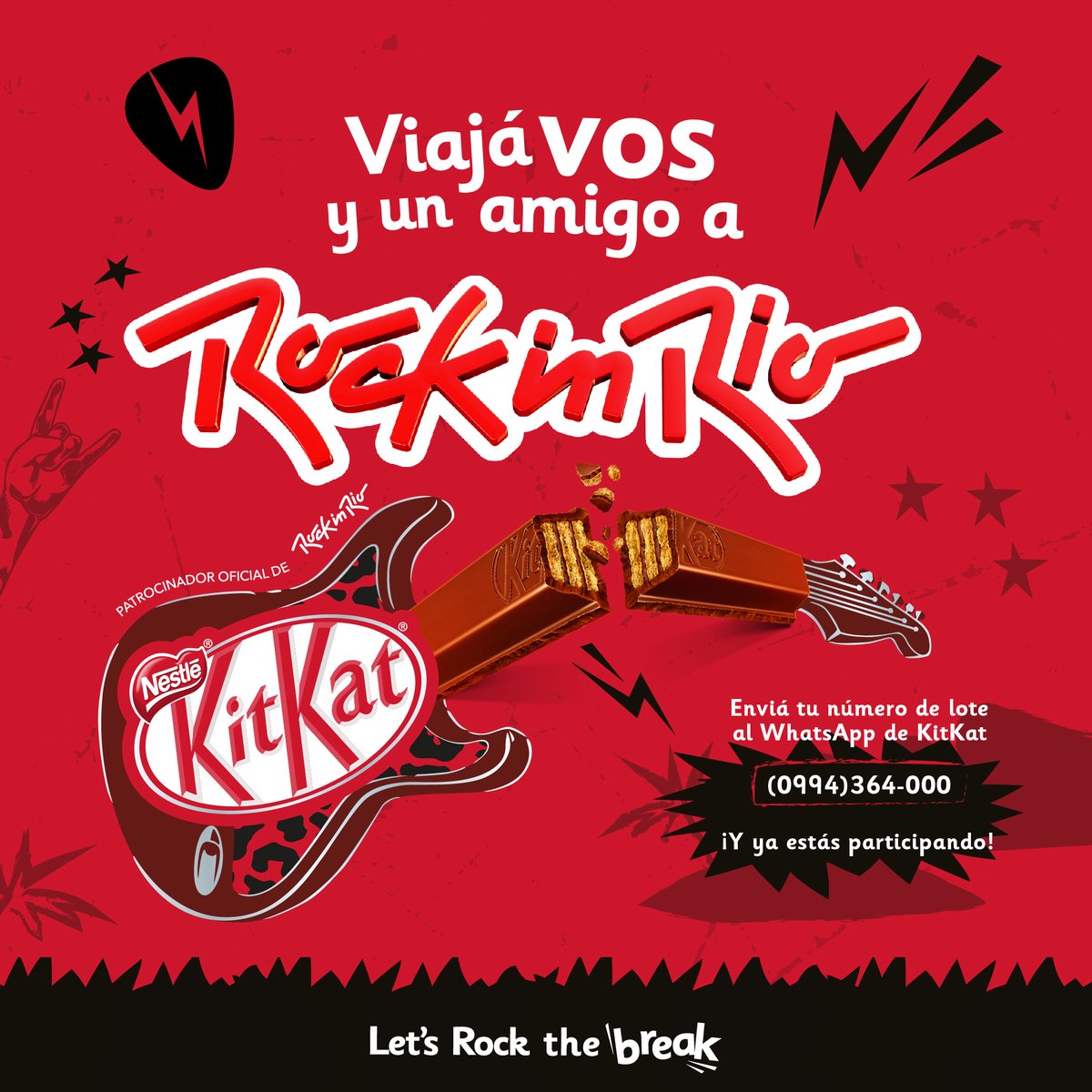 KitKatPy's tweet photo. ¿Sos fan de los festivales?  🤘✨ Entonces esta promo es para vos.

Participá por entradas para vivir vos y un amigo del del Rock In Rio, enviá el número de lote de cualquiera de tus KitKat al 0994 364 000
 
#LetsRockTheBreak #RockinRio2022 https://t.co/UOhksiZhpv