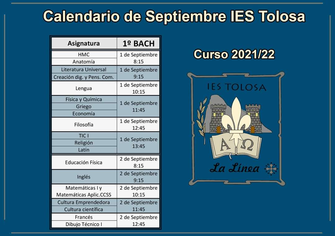 Calendario de Septiembre para 1º Bachillerato. Curso 2021/22.