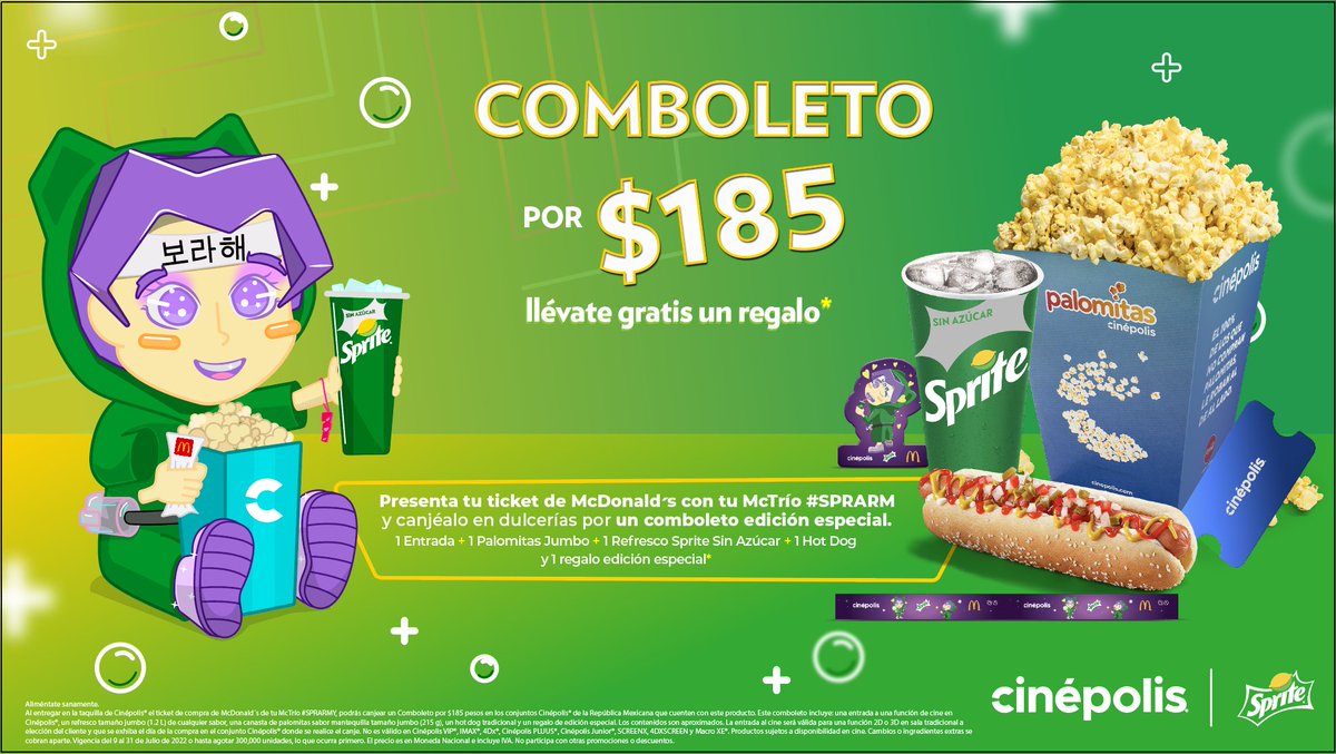 Cinepolis's tweet photo. Sumamos el poder de un increíble fandom💜 + el de @SpriteMx 💚 + el sabor de @McDonaldsMexico ❤️+ la experiencia del cine 💙.

El resultado es el #Comboleto que incluye un imán y una pulsera coleccionable✨: https://t.co/yclFWXMAiy