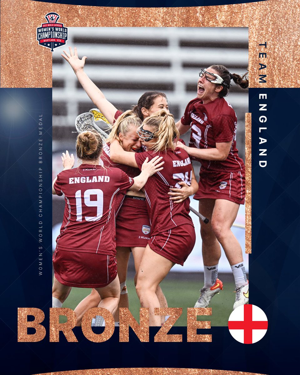WorldLacrosse's tweet photo. A game for the ages. 🏴󠁧󠁢󠁥󠁮󠁧󠁿

Congratulations @englacrosse on taking home the bronze medal! 👏

#WLWC2022 | @WorldLax2022 https://t.co/c7WHhYeSKO