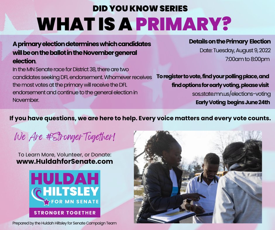 Huldah4House's tweet photo. Wondering what a Primary Election is and how you can vote in it? We have answers! Are you registered to vote? Early voting is in process!
#StrongerTogether #sd38 #osseo #brooklynpark #brooklynparkmn #brooklyncenter #sd38 #familycommunityservice https://t.co/Jc4FM18aL7