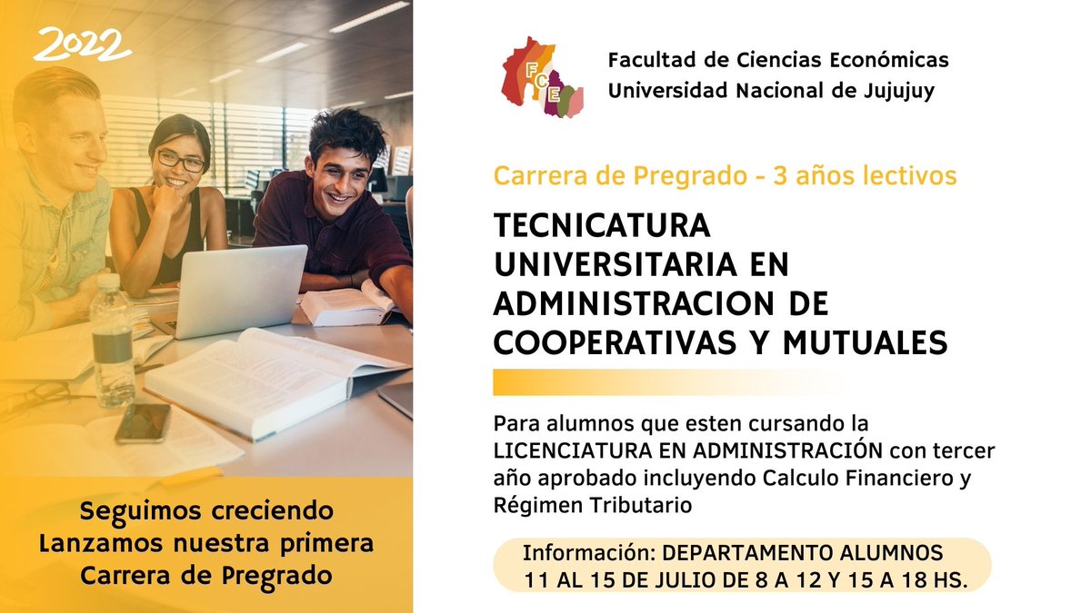 Carrera de Pregrado FCE: TECNICATURA UNIVERSITARIA EN ADMINISTRACION DE COOPERATIVAS Y MUTUALES <a href="/unjuonline/">Universidad Nacional de Jujuy</a> <a href="/prensaunju/">prensa unju</a> <a href="/unju_tv/">UNJuTV</a> <a href="/unjuvirtual/">UNJu Virtual</a> #fceunju