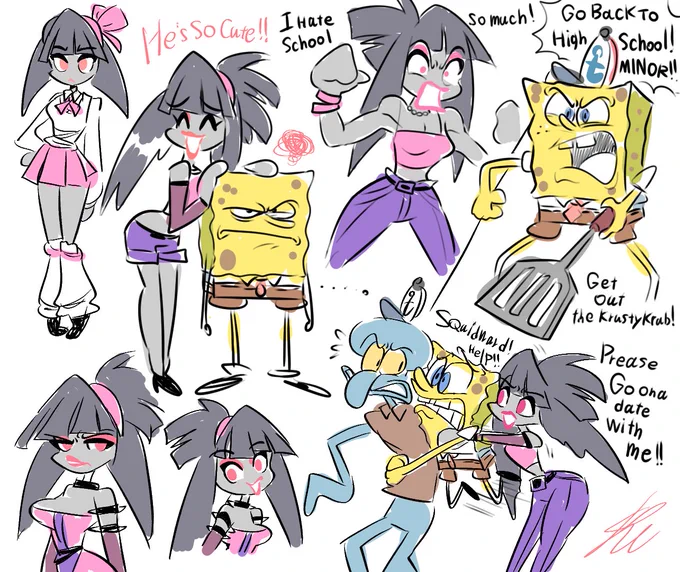 Mr krabs and Plankton have a similar relationship.
Squidward's job is to protect SpongeBob from her.(The reason for this, of course, is that he don't want to get himself into any more troublesome trouble.) 