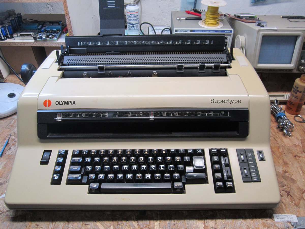 This big boy came into the shop for some work. Olympia Supertype typewriter. I never wanted to bring these back to the shop from the field if I could avoid it, weighs a ton. But well engineered German technology with LED display, memory and RS-232 interface. #niagaratypewriters