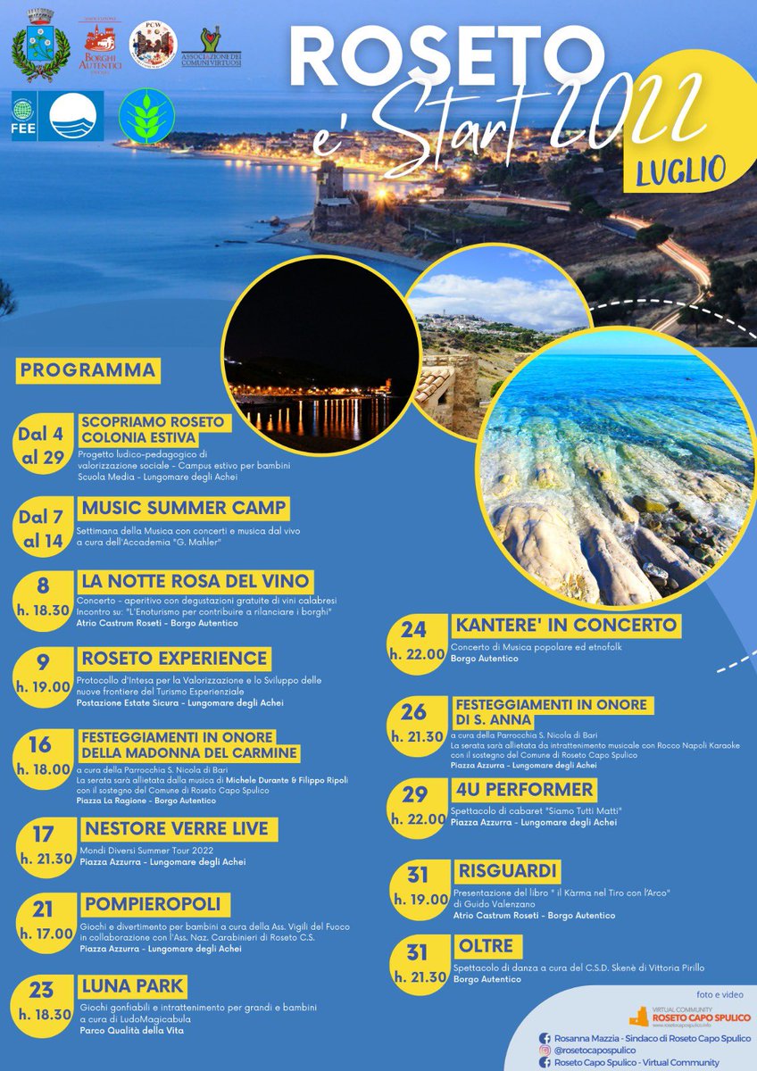 RosetoVirtualCo's tweet photo. ☀️ L'Estate Rosetana è ai nastri di partenza con #RosetoEstart2022... 

🏖️ Buona permanenza e Buon divertimento a Roseto Capo Spulico! Per ogni informazione siamo a vostra disposizione al Punto Blu oppure allo 0981/187 09 09.
#rosetocapospulico #rosetoestart2022 #estart2022 https://t.co/emf9FtZPY6