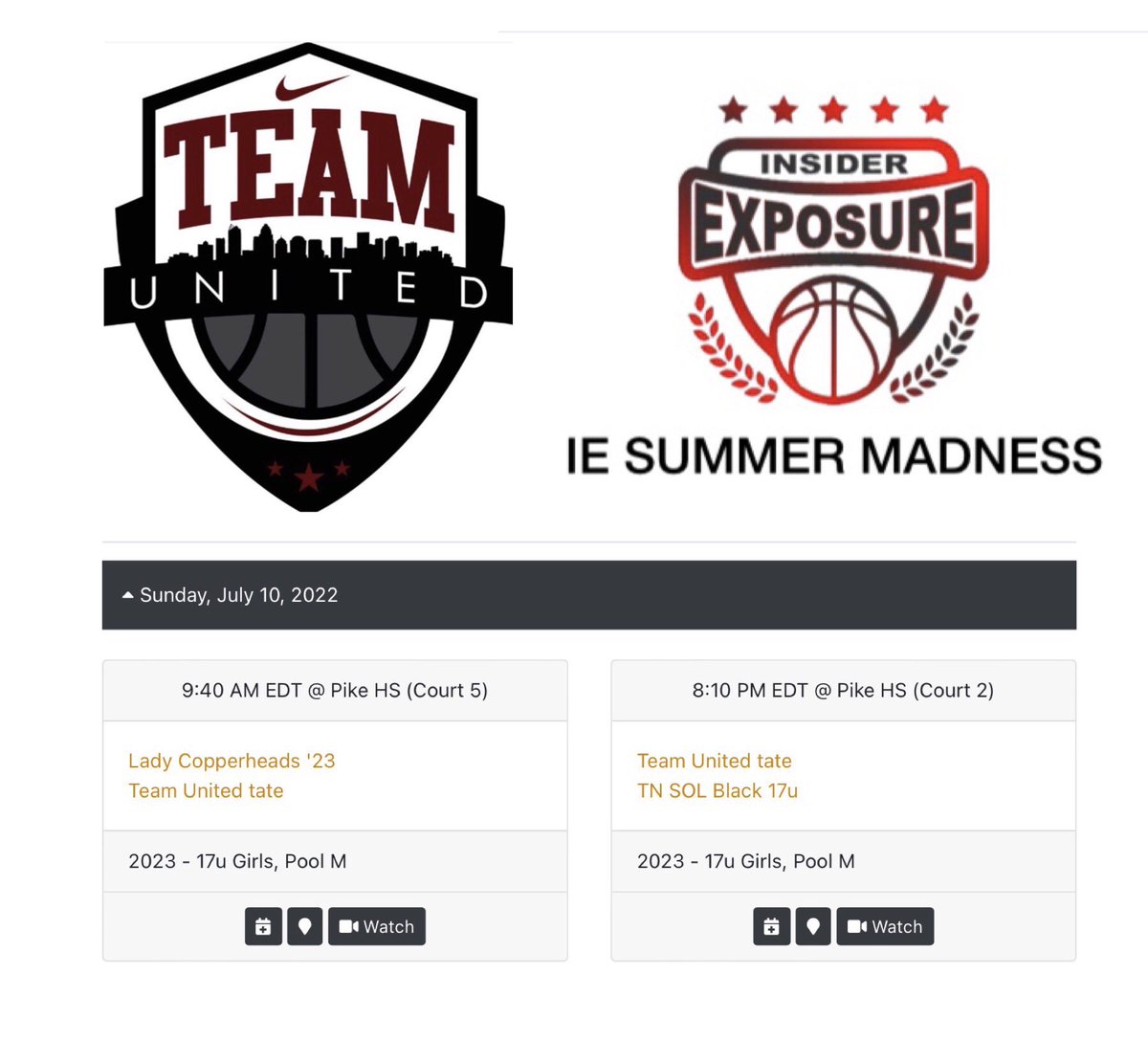 TUGirlsBB's tweet photo. Next Stop Indianapolis ✈️ College Coaches.. Here is Team United Tate Schedule for @InsiderExposure Summer Madness. Record Sunday determines Monday and Tuesday’s Times. Games on BallerTV https://t.co/zKoMI8M68e