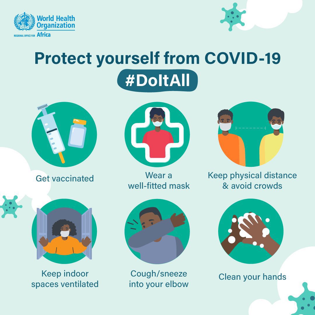 WHO_Zimbabwe's tweet photo. The #pandemic is not over yet. #DoItAll to #StopTheSpread of #COVID19. 

✅ #MaskUpWell
✅ Wash/clean hands frequently
✅ Maintain a safe distance
✅ Stay in ventilated places
✅ Avoid crowded places
✅ Get vaccinated when it's your turn
✅ Cough/sneeze into your elbow https://t.co/LoiU7mWmU3