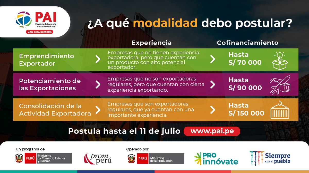📢 ¡Recuerda! Quedan 2 días para el cierre de la convocatoria del Programa de Apoyo a la Internacionalización #PAI
🌐  Revisa las bases de las 3 modalidades de cofinanciamiento y postula hasta el 11 de julio (1:00 p.m.) en: pai.pe