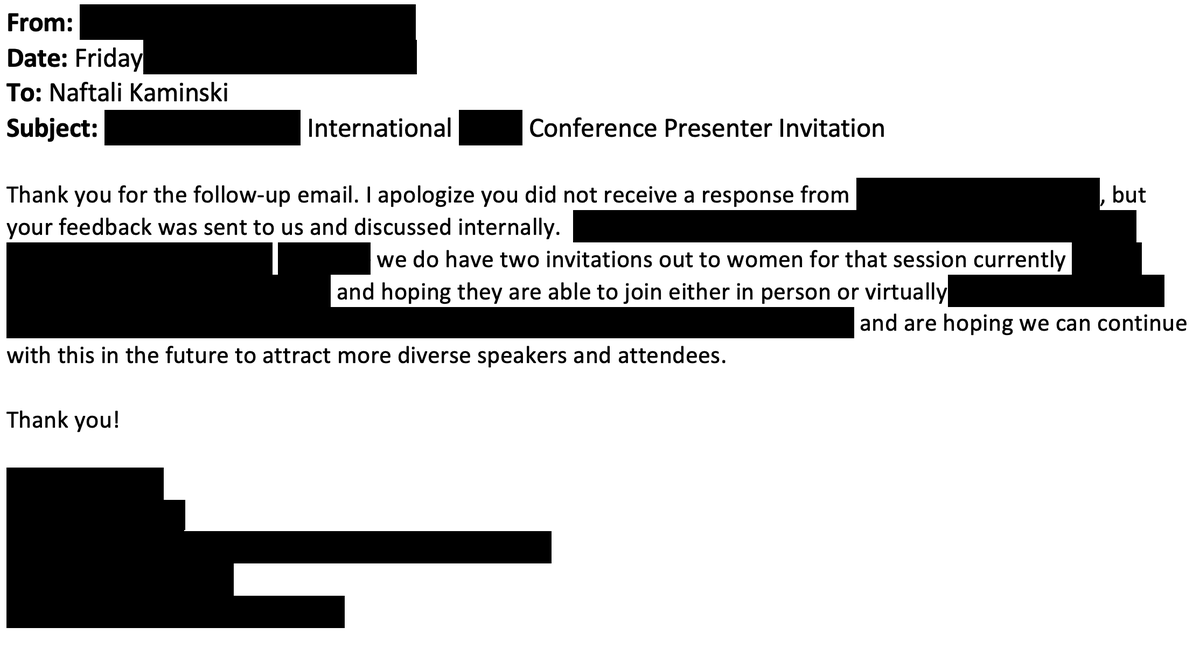 KaminskiMed's tweet photo. Quick follow-up on #Manel correspondence. Organizers followed up, informed me that session lineup is changed with highly qualified women replacing me & another male speaker.
#Nomanels are possible.
So is #GenderEquity
Don't stop
#IfYouSeeSomethingSaySomething #DoSomething https://t.co/WFO2mJAMZc