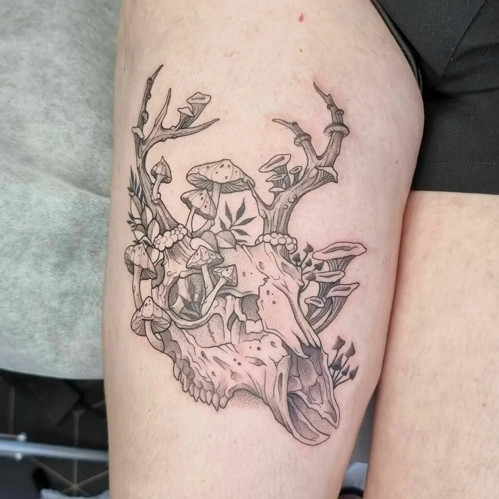 Cat skull and mushrooms done by Matteo at Giahi Zurich  rtattoos