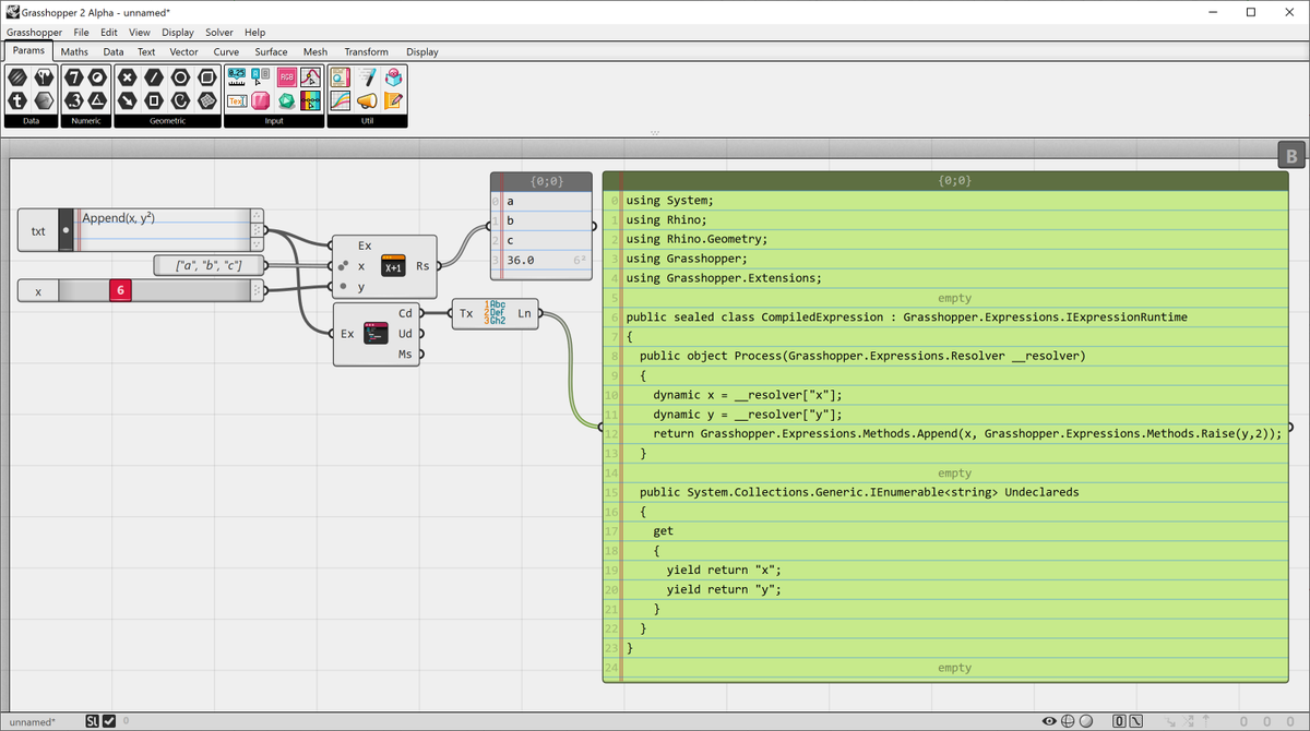 CapsuleWire's tweet photo. Finally a new alpha of #grasshopper2 out today. Main focus for this release was on expressions, although I'm nowhere near done. Expressions attached to parameters should now work for all data types, and two dedicated components added to the Maths category. https://t.co/zWuxKuODZx