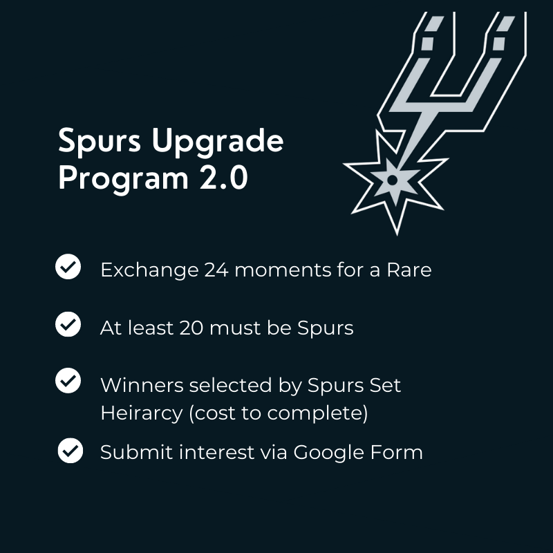 TopshotSpurs's tweet photo. Due to Spurs floor rares going up 20% we have tweaked the upgrade program a bit. It's essentially the same as what existed before but an additional 4 moments of your choice are required. Please submit the form below if interested.https://t.co/hyqO9fTLU7 https://t.co/n0y4sc0JD0