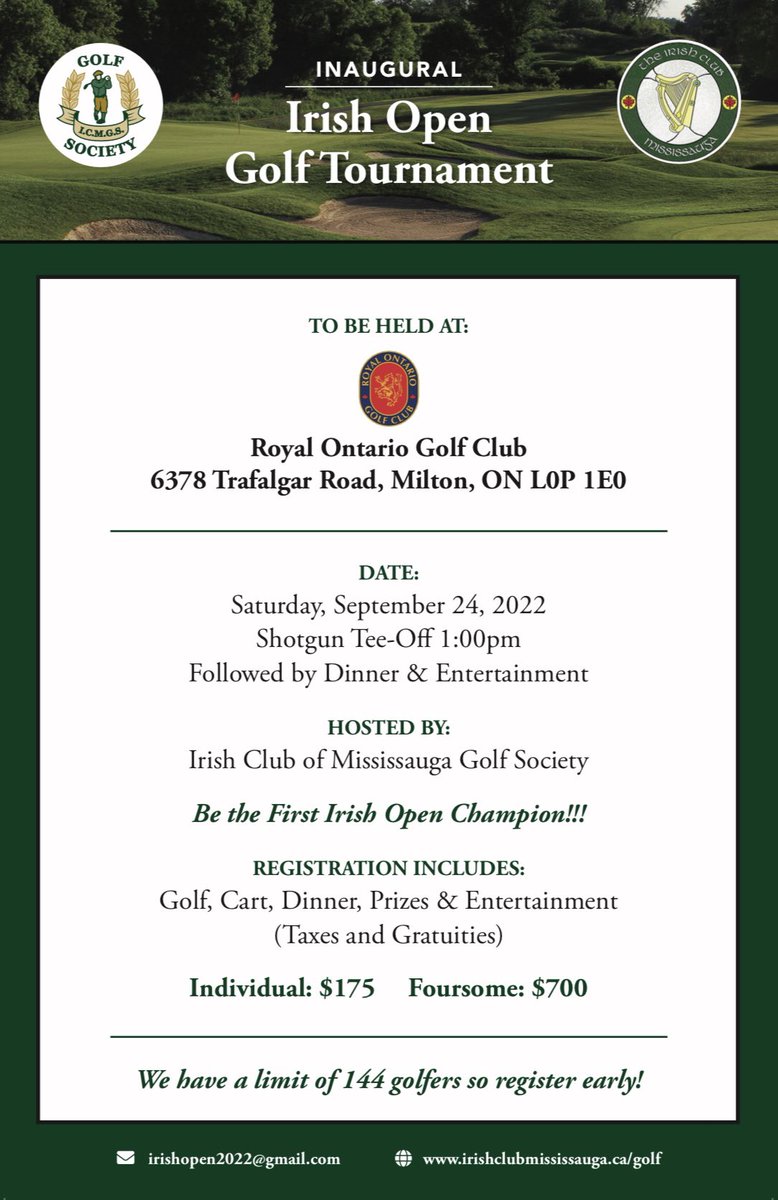 ICCCTO's tweet photo. Have you registered for the “Irish Open Golf Tournament” yet? Promising to be an excellent event, see all the details below, hosted by the Irish Club of Mississauga Golf Society. @IrishClubCA https://t.co/2WT8nOBz1X