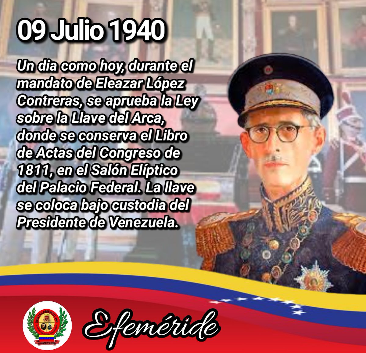 1era_Rodeo443's tweet photo. Un día como hoy, en 1940 y bajo el mandato de Eleazar López Contreras, se aprueba la ley sobre la Llave de Arca dónde se conserva el Libro de Actas del Congreso de 1811.
#Jul09
#BricomilesSalud
#CentinelasPermanentes
@GNBCmdtGral
@czgnb_44
@ZMiranda43
@ARNOSF https://t.co/HegupoN6DA