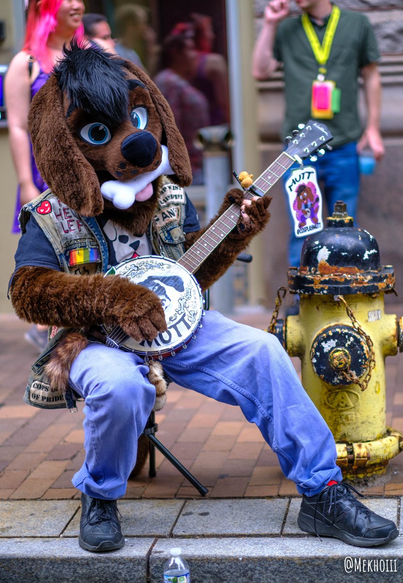 Mekhoiii's tweet photo. @CosplayMutt playing the banjo at the #Anthrocon2022 block party https://t.co/9TtD15T32h