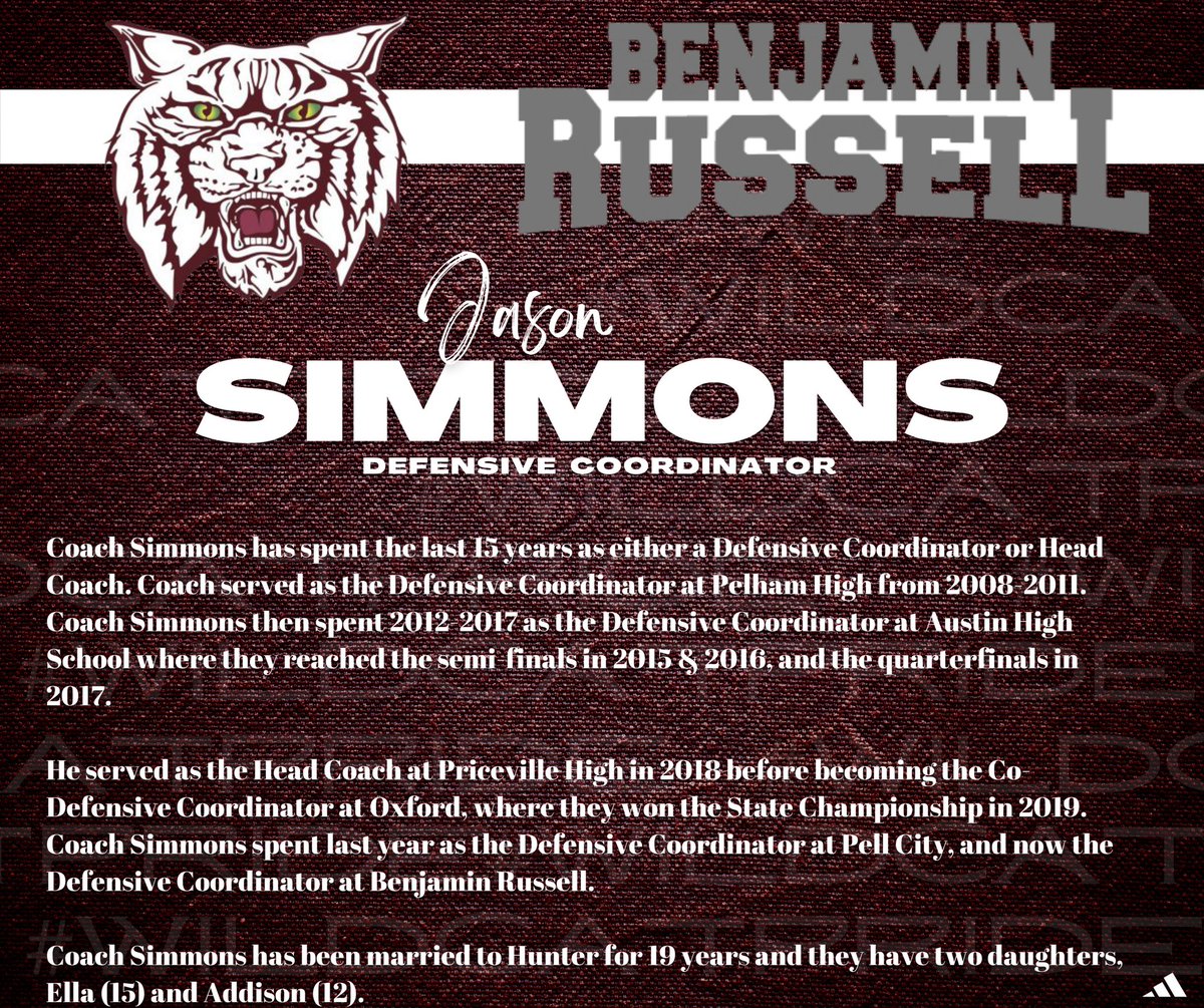 We are excited to announce Jason Simmons as our Defensive Coordinator! Check out his bio below. Help us welcome Coach Simmons
and his family to the Wildcat Family! #WildcatPride 

<a href="/GameDayGraphic2/">ⒼⓐⓜⓔⒹⓐⓨ Ⓖⓡⓐⓟⓗⓘⓒⓢ</a>