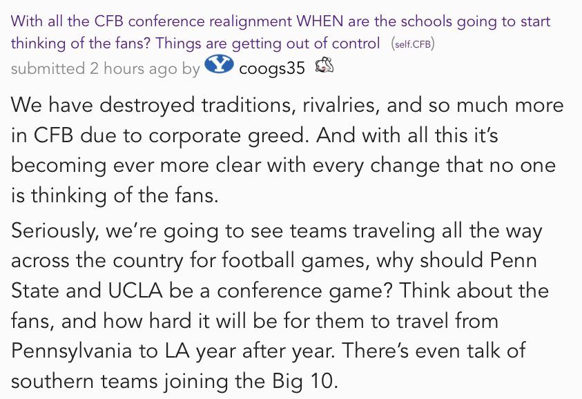 RedditCFB's tweet photo. Is no one considering how the realignment affects fans? A reader explores. https://t.co/Lj9Kjkttb8